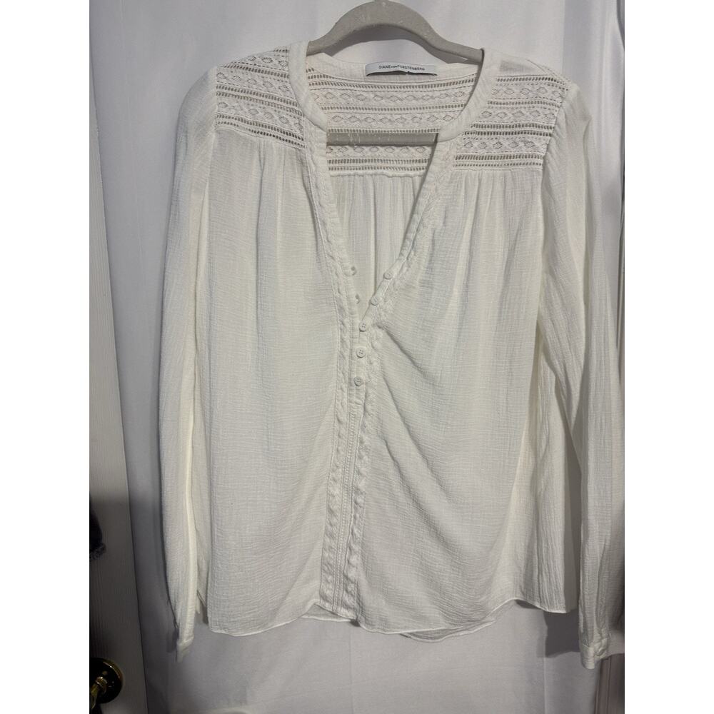 DVF Diane Von Furstenberg White Lace Yoke Gauze Boho Peasant Top M